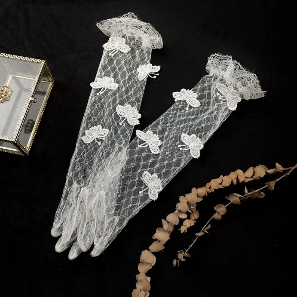 New Bowknot Bridal Gown Mittens Mesh Embroidery Banquet Gloves Wedding Bridal Gloves Party Dress