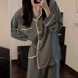 Black Plaid Pajamas Women Spring and Autumn Summer Cute Ins Sle Long sleeve Pure Cotton Two-piece Set Sweet Home Wear for S...