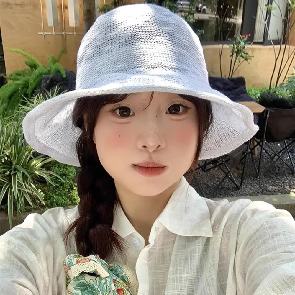 

Casual Korean Knitted Bucket Hat Cotton Yarn Breathable Fisherman Hat Sunscreen Visor Basin Cap Summer