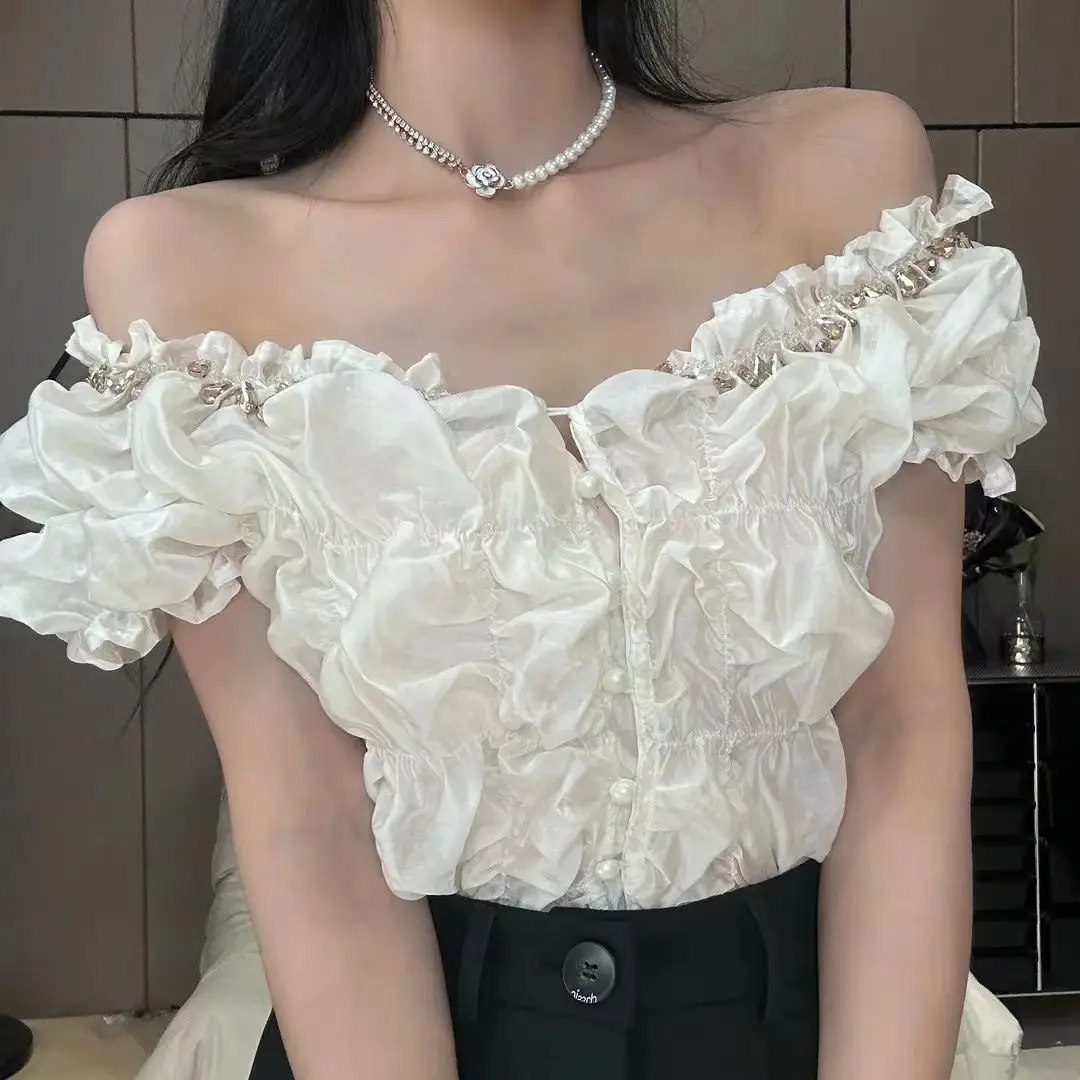 

French One-word Shoulder Top Women's Summer Temperament Pleated Short-sleeved Shirt