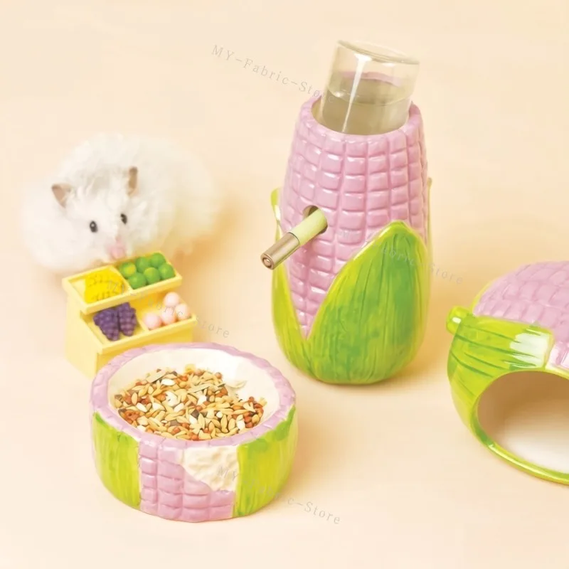 Cute Corn-Shaped Ceramic Hamster Hideout Food Water Bottle Holder for Hamsters Gerbils Small Pets for Cooling Cage Decoration