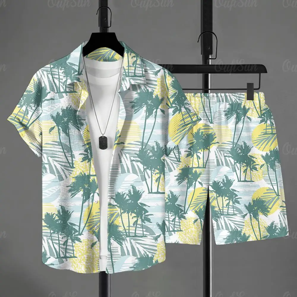 3D Hawaiian Plants Shirt Set Men's Short-sleeved Shirt Summer Short-sleeved Shirt Beach Short Men's Suit Street Casual Y2k Short