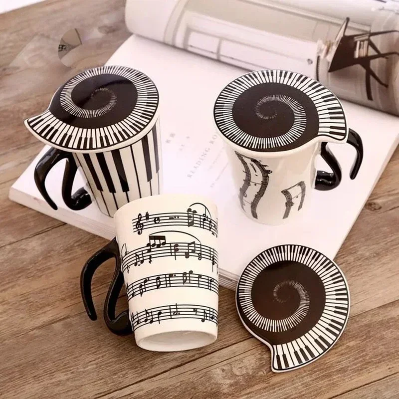 Creative Ceramic Mug, with Cup Lid Coffee Mugs, Piano Musical Note Tea Cup, Travel Cups Breakfast Milk Cup, Water Bottle Gift 3