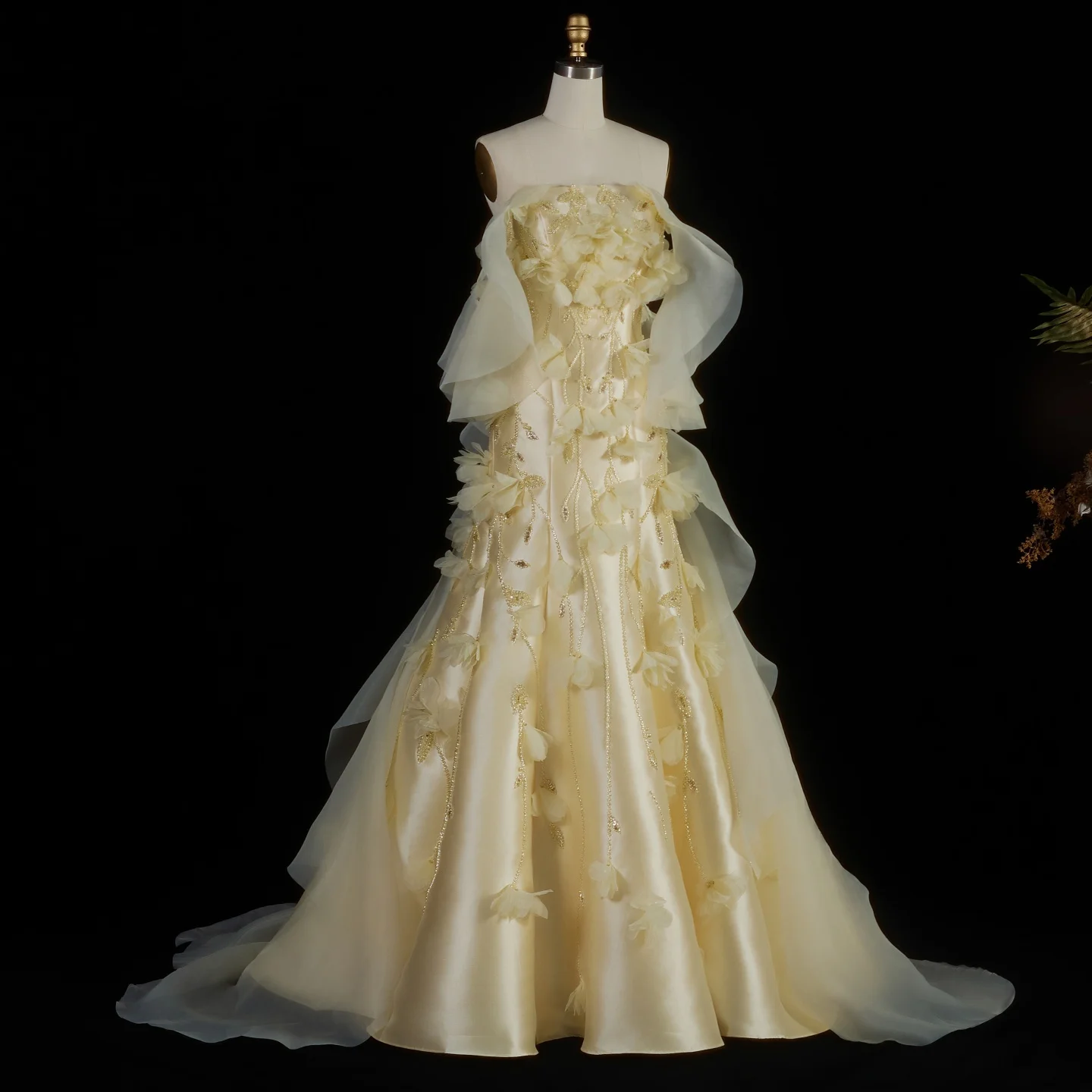Sharon Said Gelbes Meerjungfrauenkleid für Damen, formelles Abendkleid, schulterfrei, mit 3D-Blumen, Rüschen, Perlen, Party- und Ballkleid SS505, maßgeschneidert – Detail 6