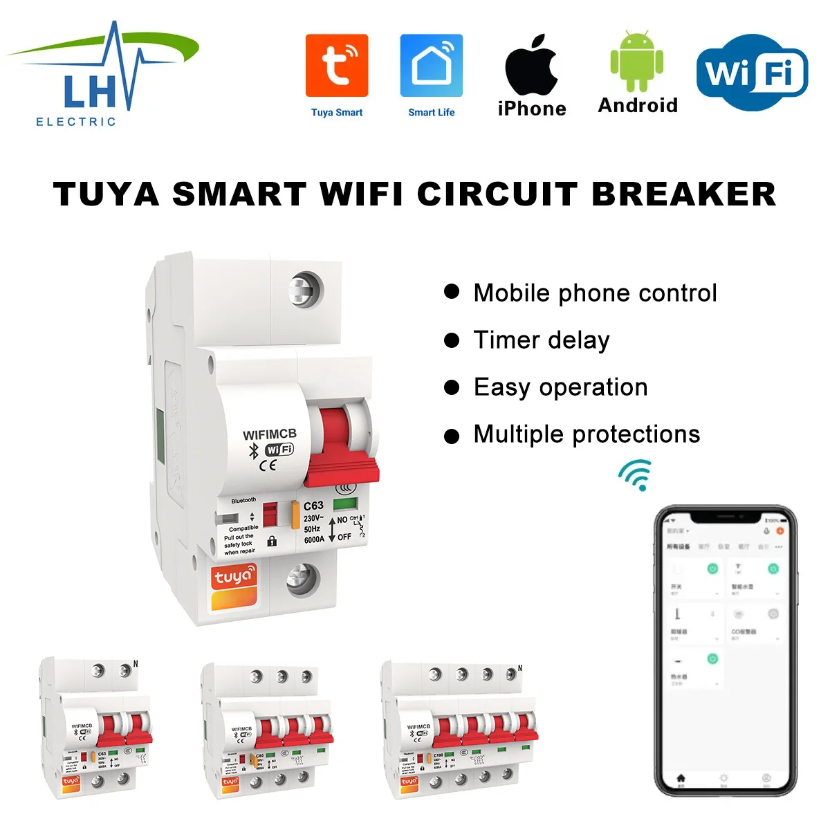 4P 100ATuya Smart Life Din Rail WIFI Circuit Breaker Switch,MCB Recloser Overload Short Circuit Protection Alexa Remote Control