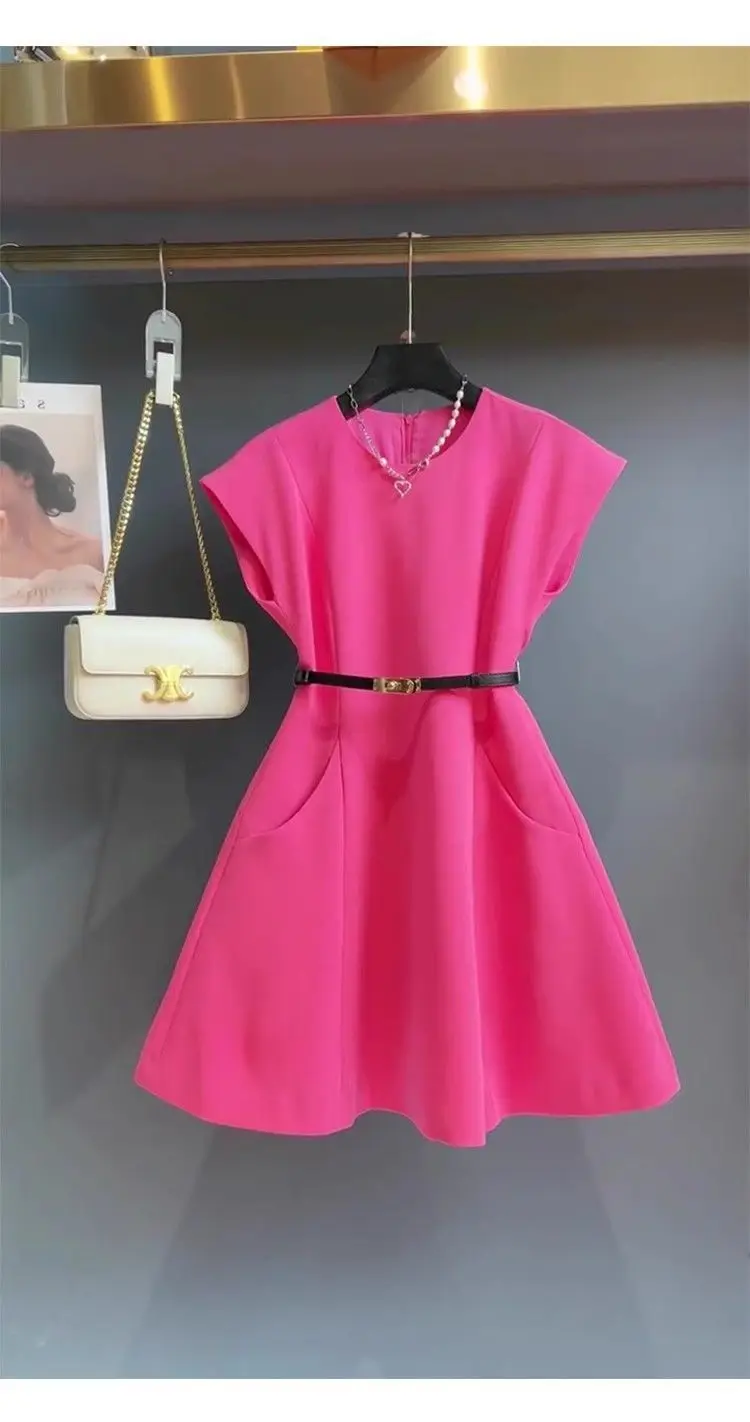 Spring and Summer Rose Red Dress Korean Version New Fashionable and Casual Unique Waist Cinching Elegant Women's Dress