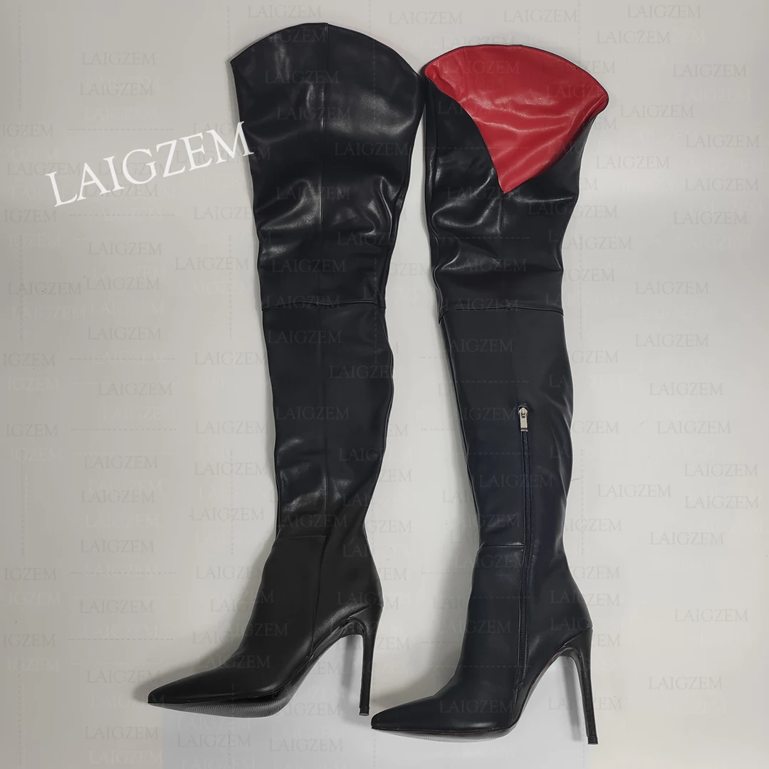 

ZHIMA Women Thigh High Boots Pointed Toe Red Lining Thin High Heeled Boots Over Knee Ladies Shoes Woman Big Size 39 41 43 45 47