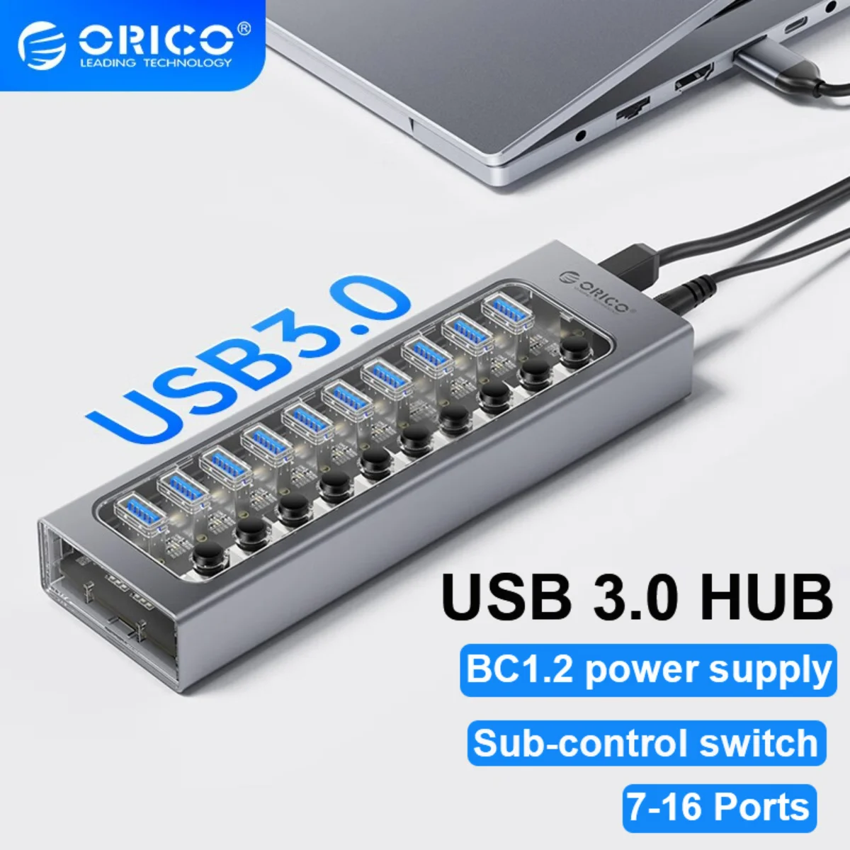 

ORICO Powered USB 3.0 HUB 7/10/13/16 Ports USB Extension with On/Off Switches 12V Power Adapter Support BC1.2 Charging Splitter