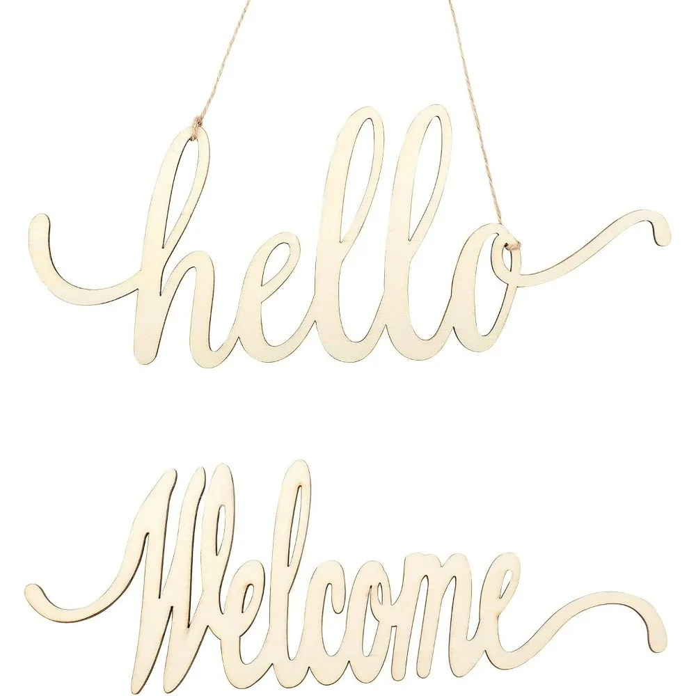 3 Set Hello Welcome Wood Sign Cutout Wooden Letter Sign with Rope for Wedding Anniversary Engagement Home Decoration