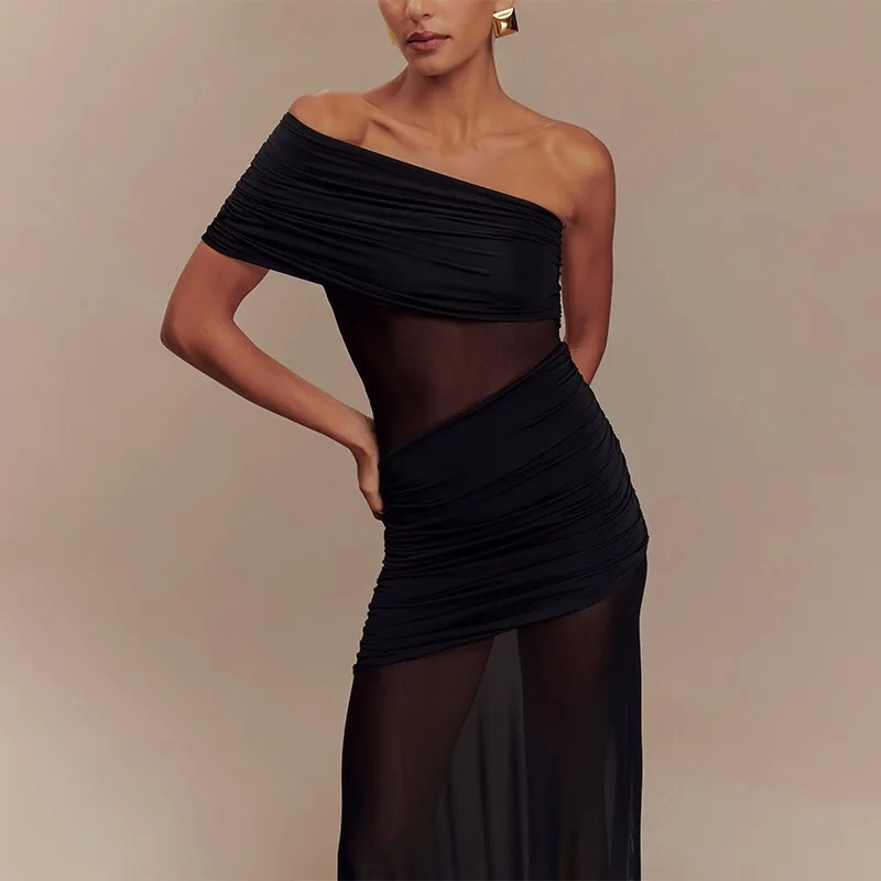 JY25043 été maille Patchwork sans bretelles nouvelle robe transparente froncée