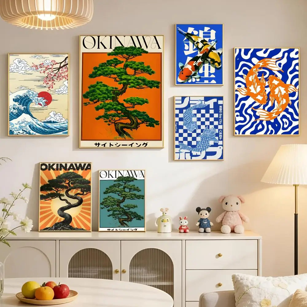 Art Retro Japanese OKINAWA Koi Fish Poster PP Self Adhesive Aesthetic Room Decor Bedroom Dorm Gaming Room Home Decoration Gift