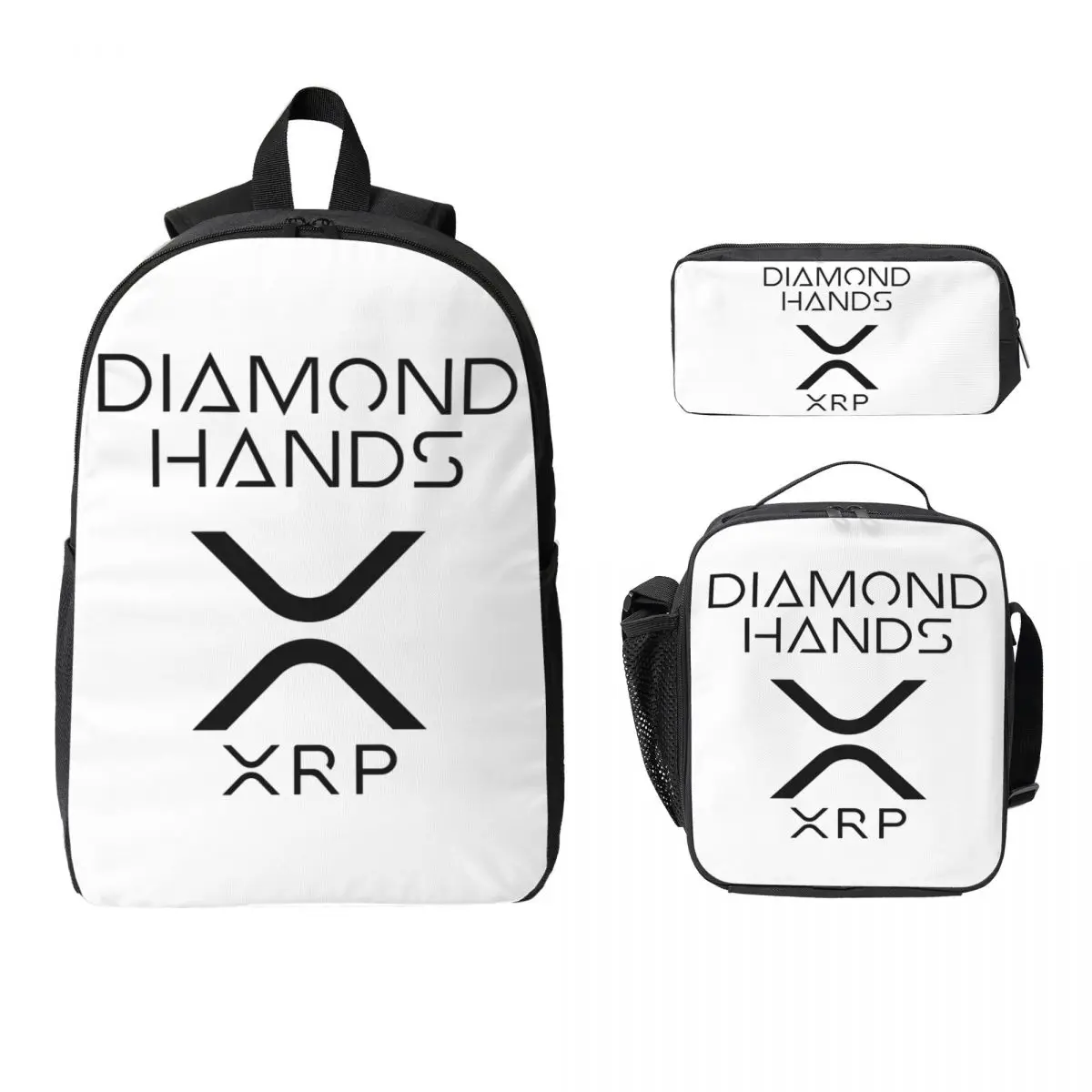 XRP Ripple Crypto Diamond Hands Backpack Student BookBag School Bag Computer Shoulder Bags 3ps Insulated Lunch Bag Pencil Case