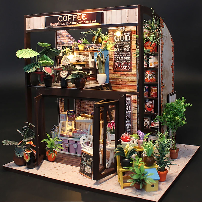 Caffetteria casa delle bambole in miniatura in legno 3D Puzzle Assembly Model Building Toys decorazione della camera da letto di casa con mobili