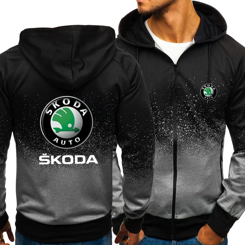 

New Spring Autumn Men Skoda Logo Hoodies Casual HipHop Harajuku Gradient Color Fleece Hooded Sweatshirts Zipper Jacket