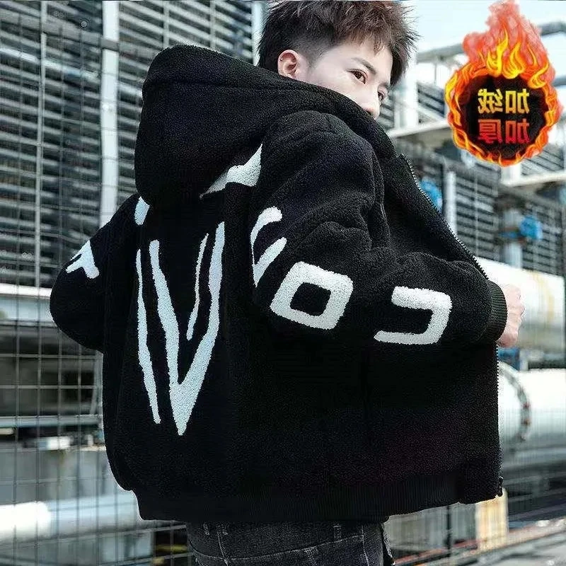 Lamb Wool Coat Men Clothing Korean Zipper Casual Cotton-padded Jacket Male Autumn Winter Fashion Pocket Long Sleeve Outerwear