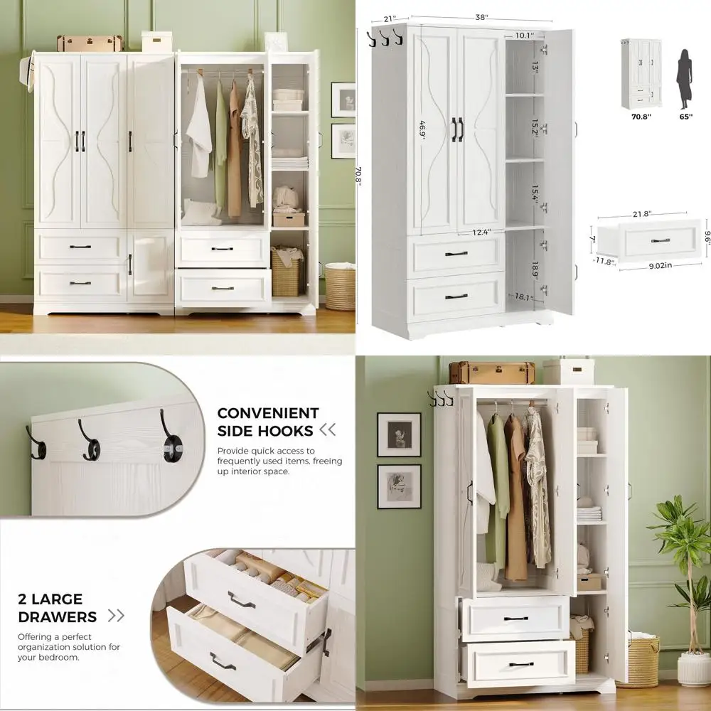 

White Bedroom Storage Cabinet with 4 Doors, Shelves, and Side Hooks for Clothing Organization