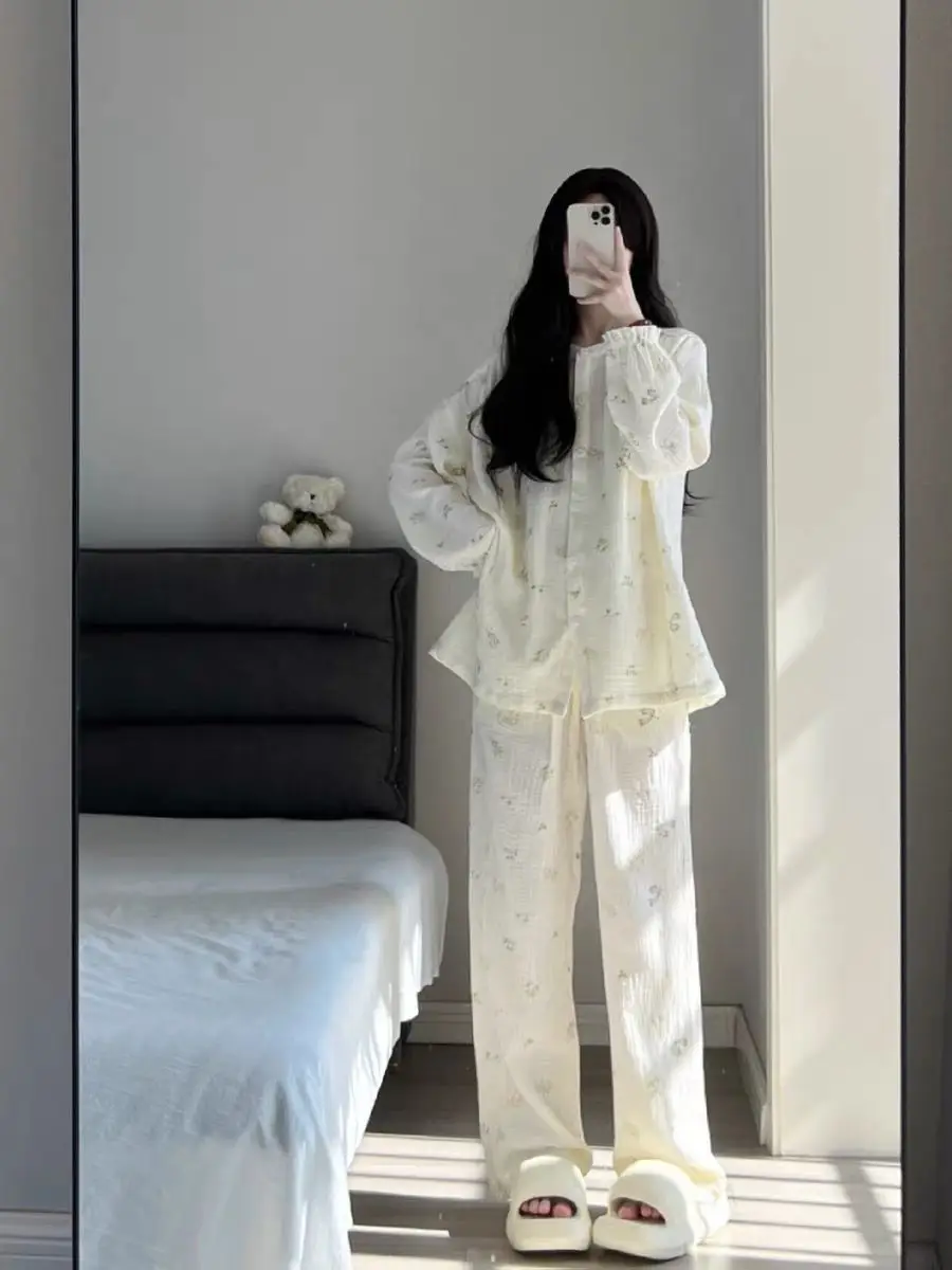 Spring New Ladies Pajamas Set Flora Printed Crepe Cotton Double-layer Gauze Round Neck Long-sleeve Trousers Household Wear XXL