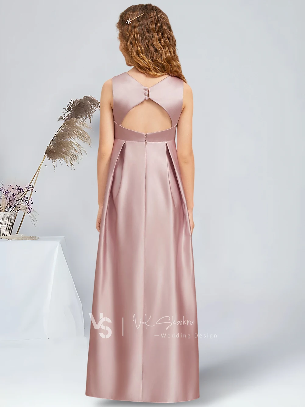 Elegant A-Line V-Neck Floor-Length Satin Junior Bridesmaid Dress with Bow Dusty Rose Charming Flower Girl Dresses Party Wedding