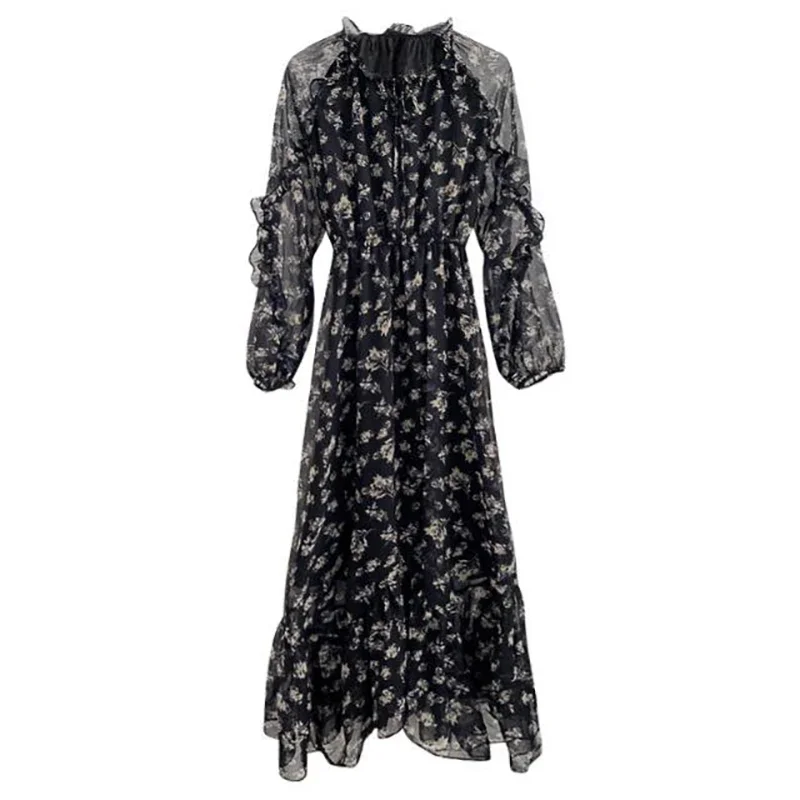 Summer Thin Section Floral Chiffon Lace Long Dress Vintage Black Boho  Dresses For Women Fashion  Sleeve  ZL36