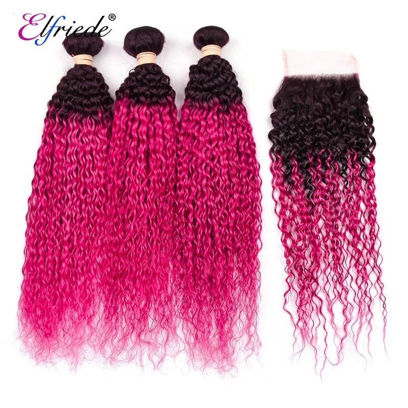 Elfriade-mechones de pelo rizado con cierre, extensiones de cabello humano 100%, Color ombré, Color rojo rosa, 3 mechones con cierre de encaje, 4x4, # T1B