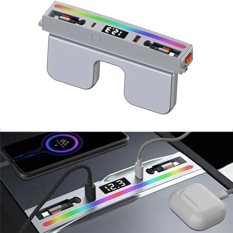 ABJF-USB Hub Docking Station With Rainbow Light 4 Ports Retractable Light-Ning&Type-C Fast Charging For Tesla Model 3