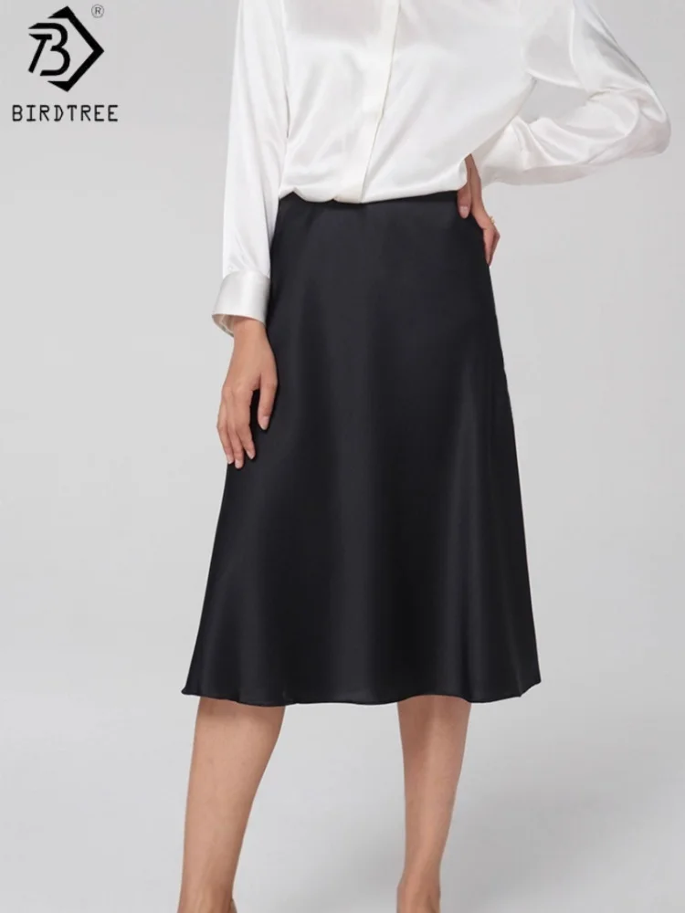 Birdtree,93% Real Silk 7% Spandex Solid Skirt,Women Plain Satin Elastic Waist Elegant Casual Skirts,2026 Spring New D61512JF