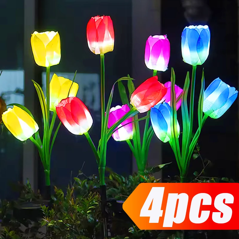 

4 шт. солнечные фонари с цветком тюльпана, уличный водонепроницаемый декоративный светильник для газона, подходит для освещения сада, двора и дорожки