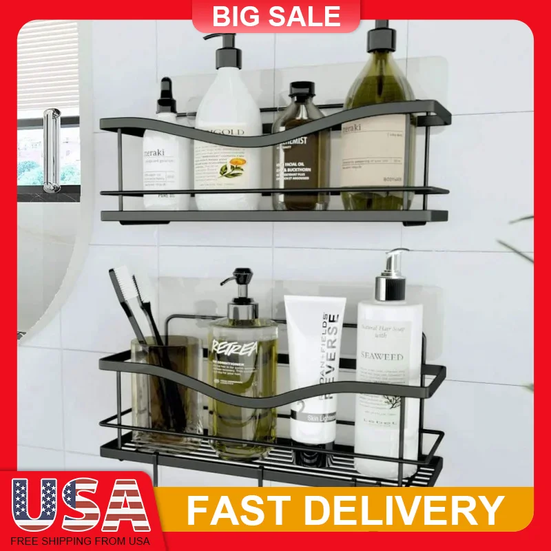 

Stainless Steel Shower Caddy with 4 Hooks No Drill Adhesive Bathroom Organizer Rustproof Shelf for Shampoo Soap Storage