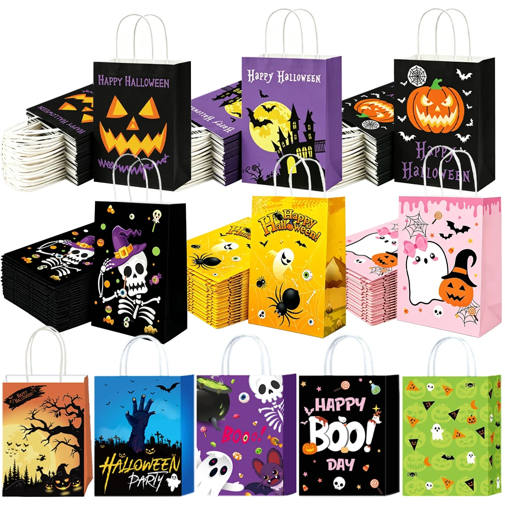 6-48 Stück Halloween-Papiergeschenktüten mit Griffen, Kürbis-, Geister-, Skelett-, Fledermaus-Motiv, Süßigkeitentüten für Halloween-Partys, Trick-or-Treat-Tüten
