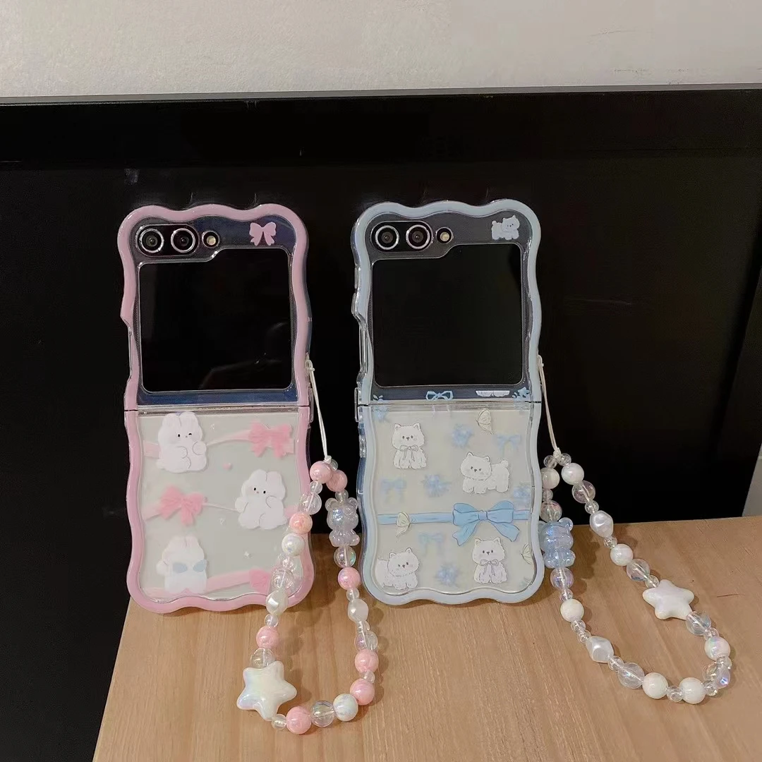 

For Samsung Galaxy Z Flip 6 5 4 3 5G F7110 F7070 Luxury Crystal Cute Bow Cat Rabbit Star Pearl Wrist Strap Wave Phone Case Cover