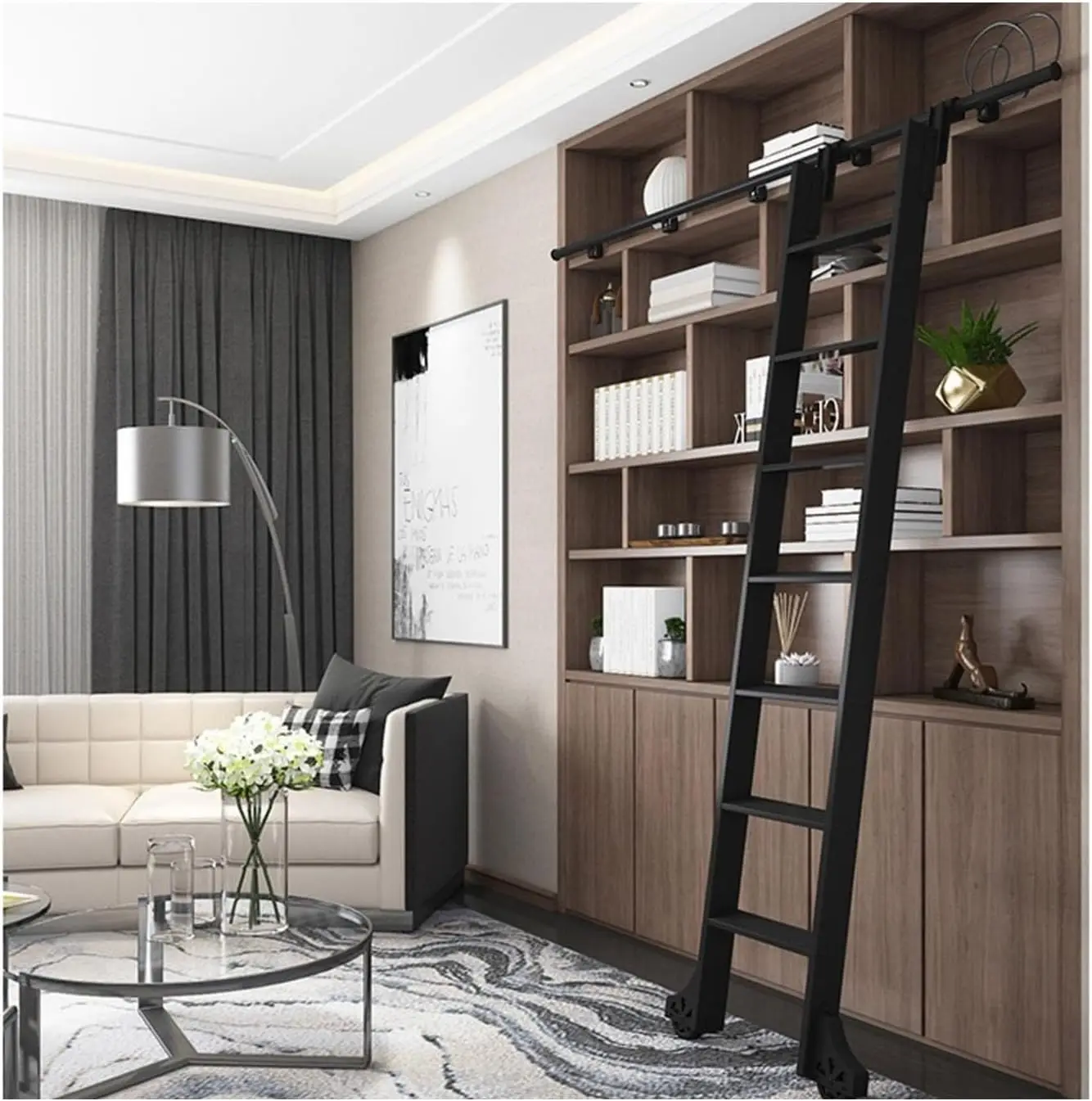 Round Tube Mobile Ladder Track - Rolling Sliding Ladder Hardware(With Ladder) - Black Sliding Barn Door Kit, Rolling Ladder