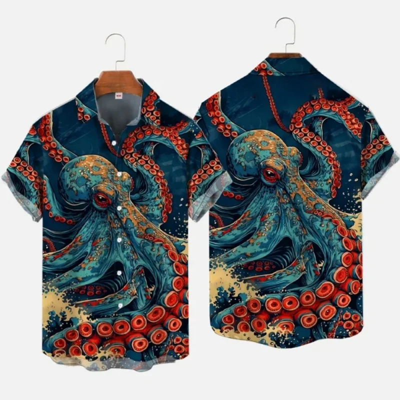 Colorful Tentacles Graphic Beach Shirt For Men Marine Animal 3D Print Hawaiian Shirts Summer Vacation Loose Short Sleeve Tops