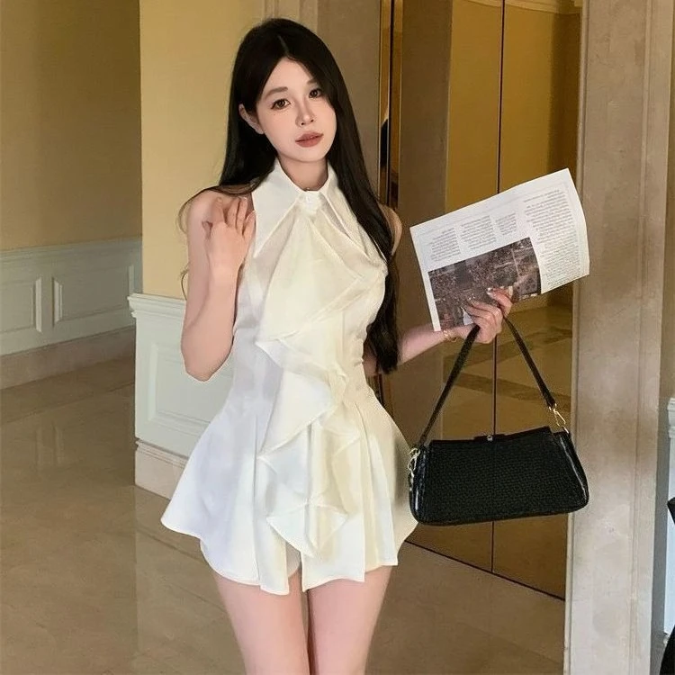 

Elegant Casual Mid Length White Sleeveless Shirt with French Ruffle Polo Collar for Ladies Summer Stylish Comfortable