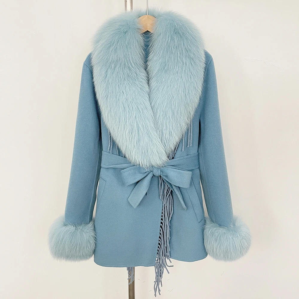 

Elegant Fur Coat 2025 New Autumn Winter Women Natural Fur Woolen Jacket Wool Blend Short Fox Fur Female Overcoat Real Fur Jacket