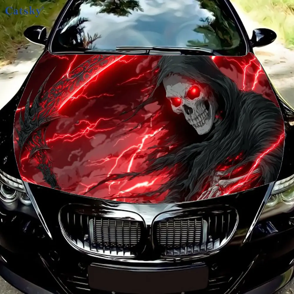 Red lightning scythe skeleton Fantasy theme car cover decoration, suitable for cars, SUVs and other models, car accessories, ins