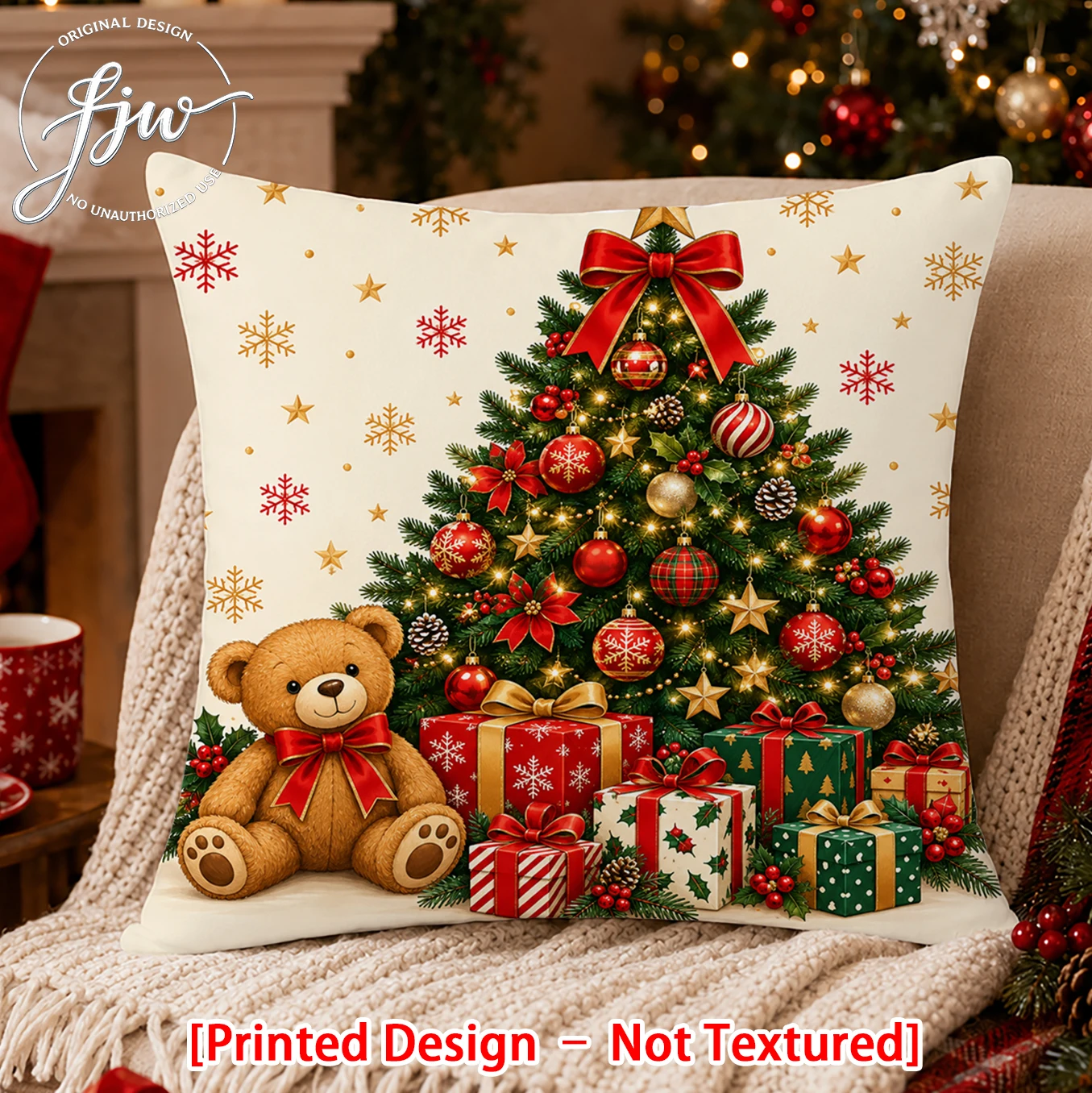 1pc Christmas Tree & Teddy Bear Throw Pillow Covers, Holiday Cushion Covers for Sofa Couch
