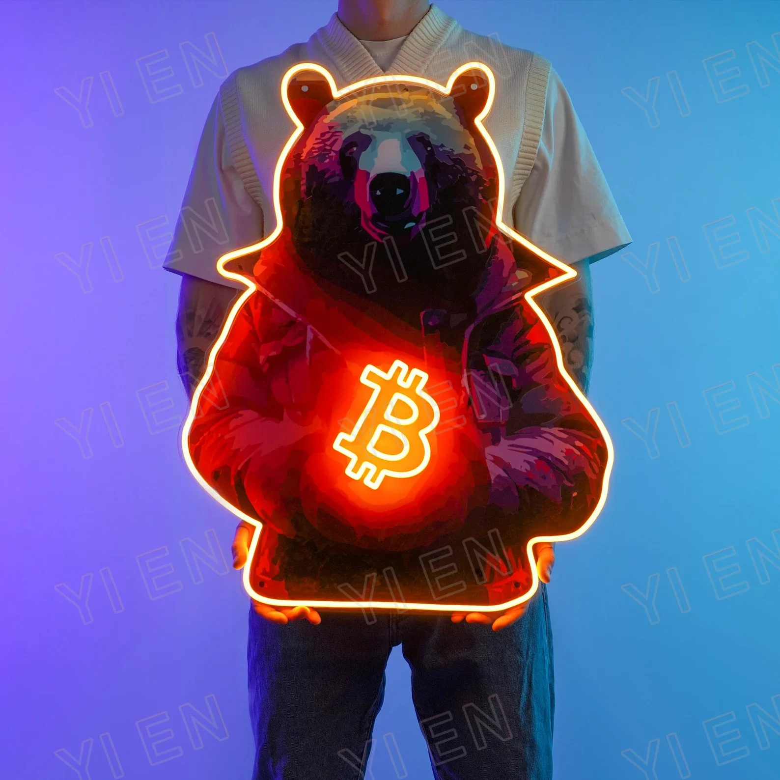 Crypto Bitcoin Bear Neon LED Acrylic Sign: AI Midjourney Generated Perfect Wall Art Gift For Man Cave & Boyfriend | Home, Office