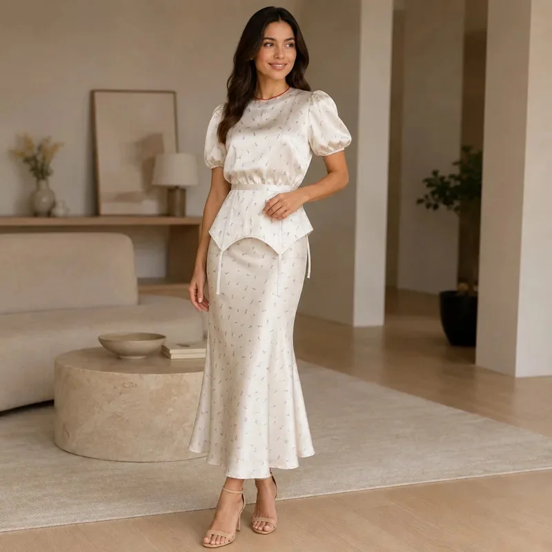Women's Floral Print Two Piece Set Puff Sleeve Peplum Blouse High Waist Fishtail Midi Skirt Elegant Spring Summer Chic Workwear