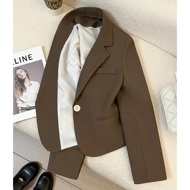 High Sense Women's Brown Suit Jacket 2024 New Spring and Autumn Casual All-match Blazer One-button Solid Elegant Short Suit Top