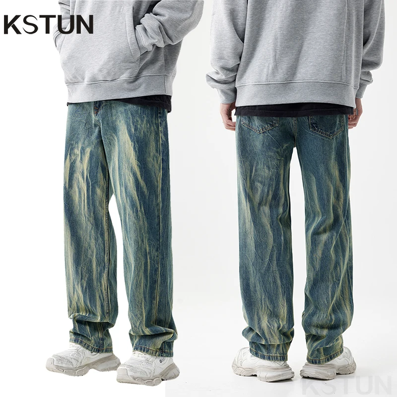 

KSTUN Wide Leg Jeans Men Baggy Pants Loose Fit Straight Denim Trousers Full Length Men's Clothing Vintage Male Jeans New Kpop