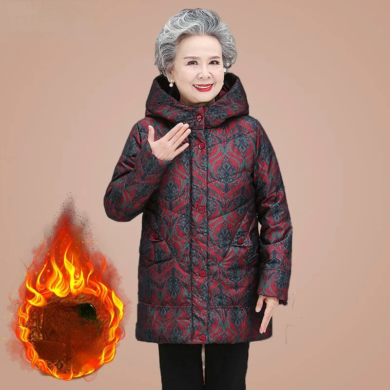 

2023 Elderly Women Winter Jacket Coats Old People Warm Outerwear Thicken Warm Velvet Hooded Parkas Grandmother Parka W48