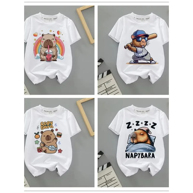 

2025 New Capibala Fashion Cute Printed Short Sleeve T-shirt Summer Children's Short Sleeve Candy Color Cartoon Top