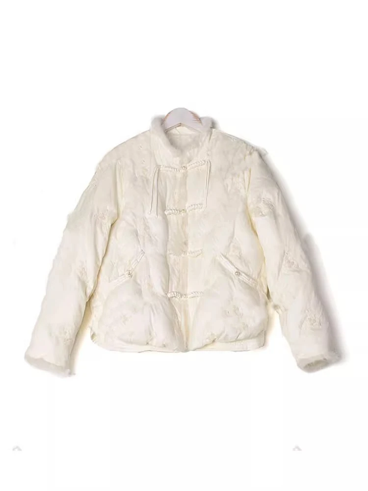 

Ele Long Sve Embroidered Patchwork Cotton down Jaet with Button Closure Retro Chinese Sle Faionable Outerwear