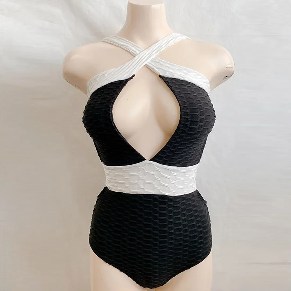 2024 New Halter Sexy Korean Swimwear Women Hollow Out One Piece Swimsuit Female Backless Bathing Suit Padded Beachwear Black