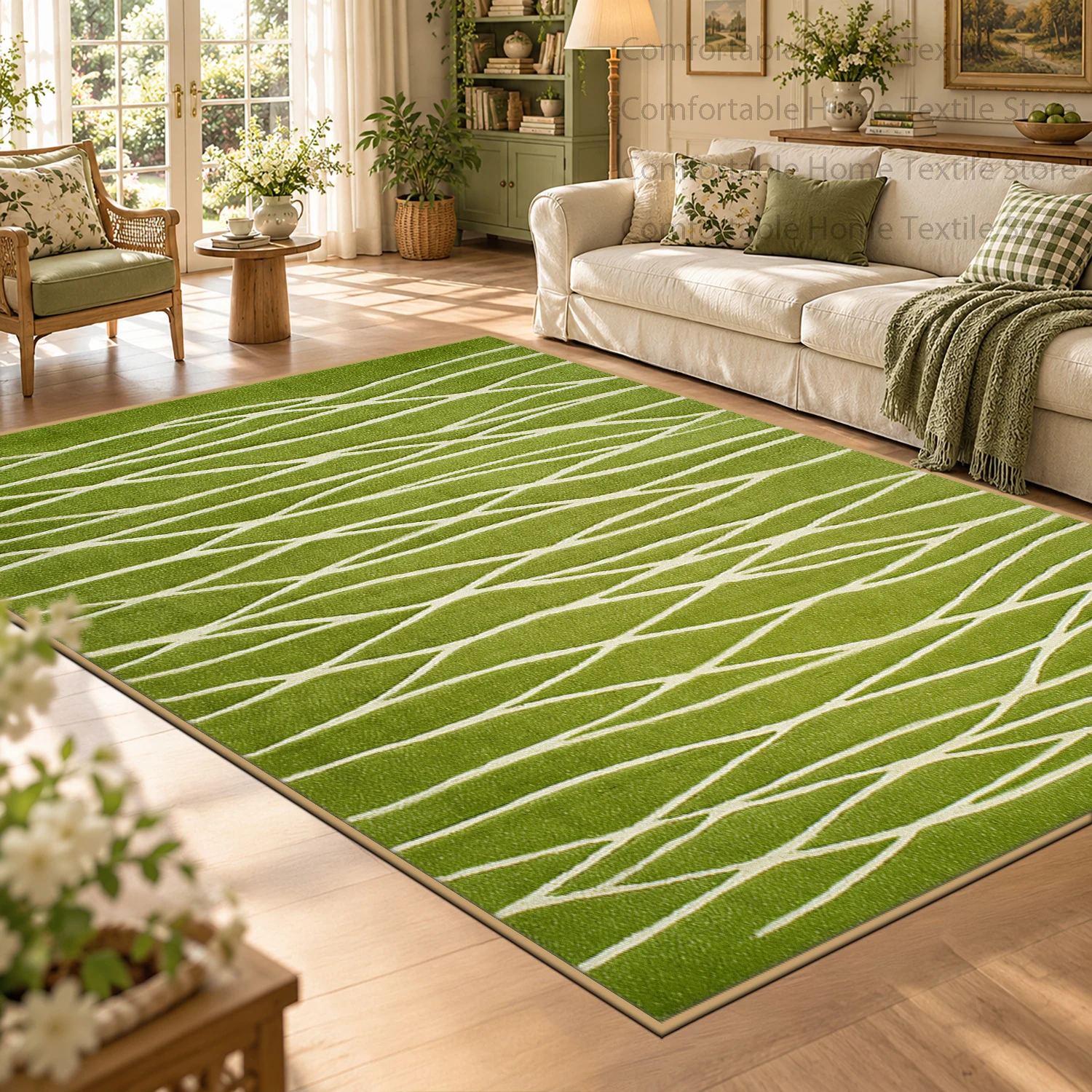 Bright Green Soft Easy Cleaning Customizable Room Carpets Modern Abstract Artistic White Line Living Room Rug Non-slip Floor Mat