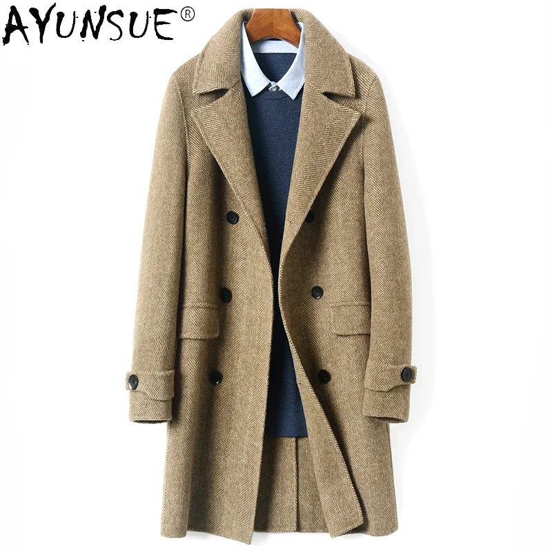 Winter New 100% Wool Coat Men Vintange Double-sided Woolen Coat Men's  Medium  Double-breasted Woolen Jacket for Men Chaqueta FC