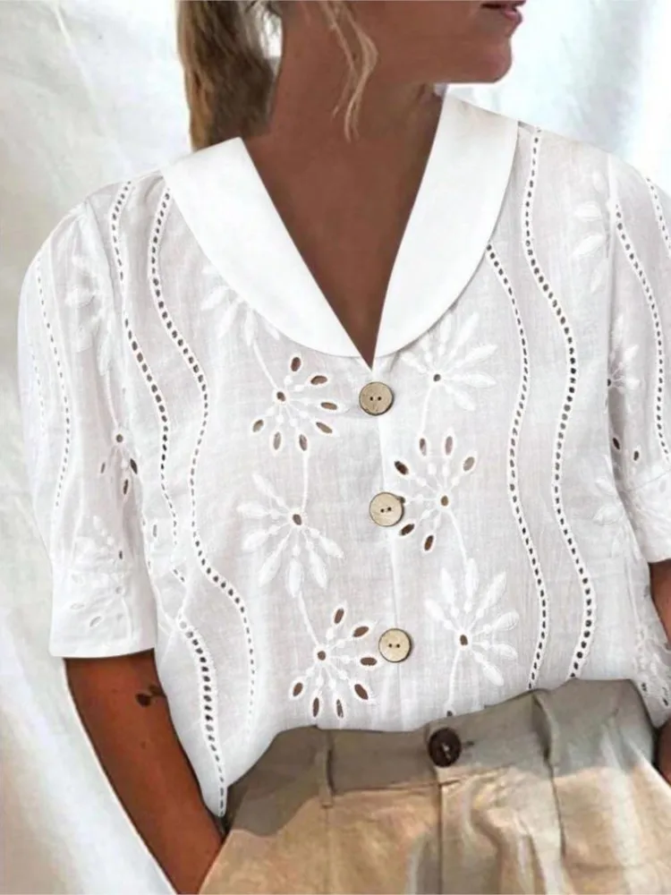 Camiseta blanca de verano para mujer, nueva moda, cuello en V, manga corta, botón, camisa informal elegante, Tops y blusas para mujer, ropa para mujer