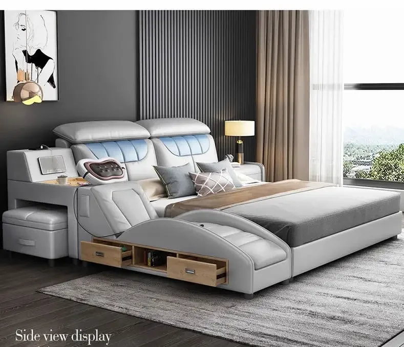 Bedroom furniture designer leather luxury king queen size modern boy girl wooden multifunction storage massage high end bed set