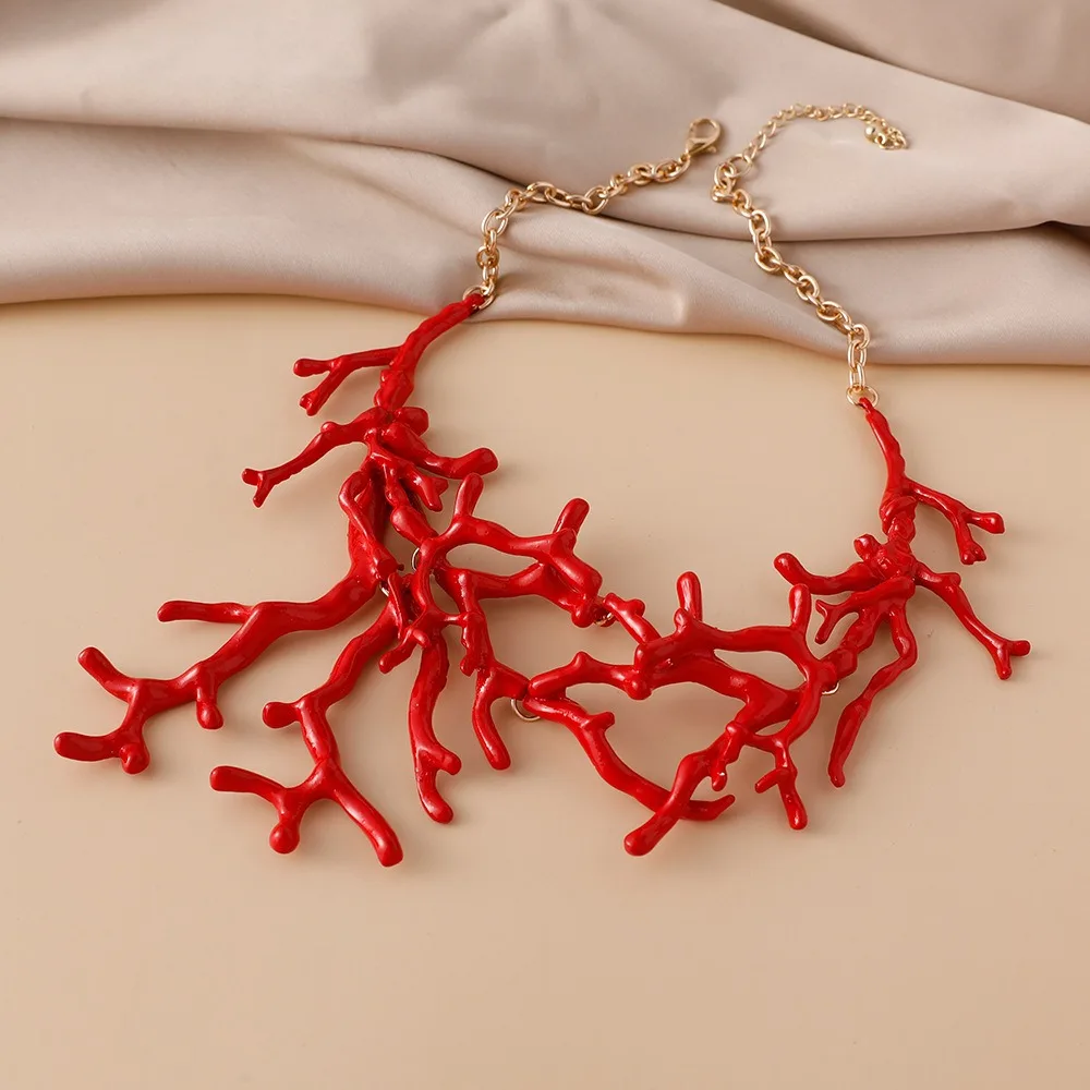 New Trendy Red Coral Alloy Necklace Coral Vintage Bohemian Necklace Bohemia Exaggerated Coral Collars Fashion Jewelry