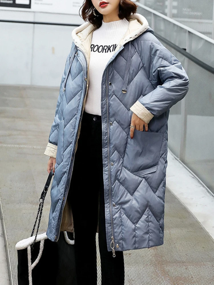 Autumn Winter Women Ultra Light Knitted Hooded White Duck Down Long Parka Casual Female Loose Warm Down Coat Outwear